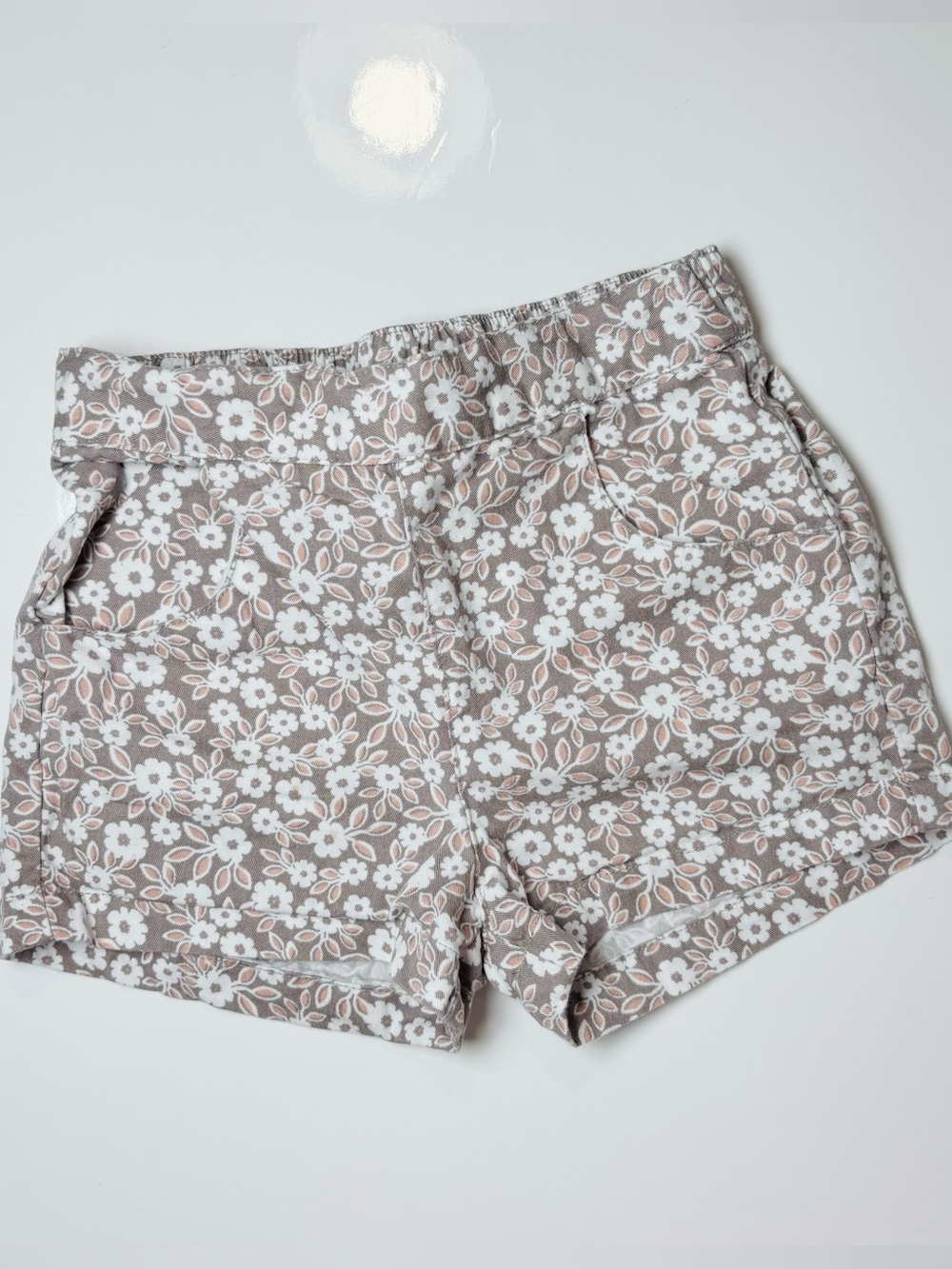 Zara Baby High Waisted Floral Shorts Taupe Gray Elastic Waist 12M